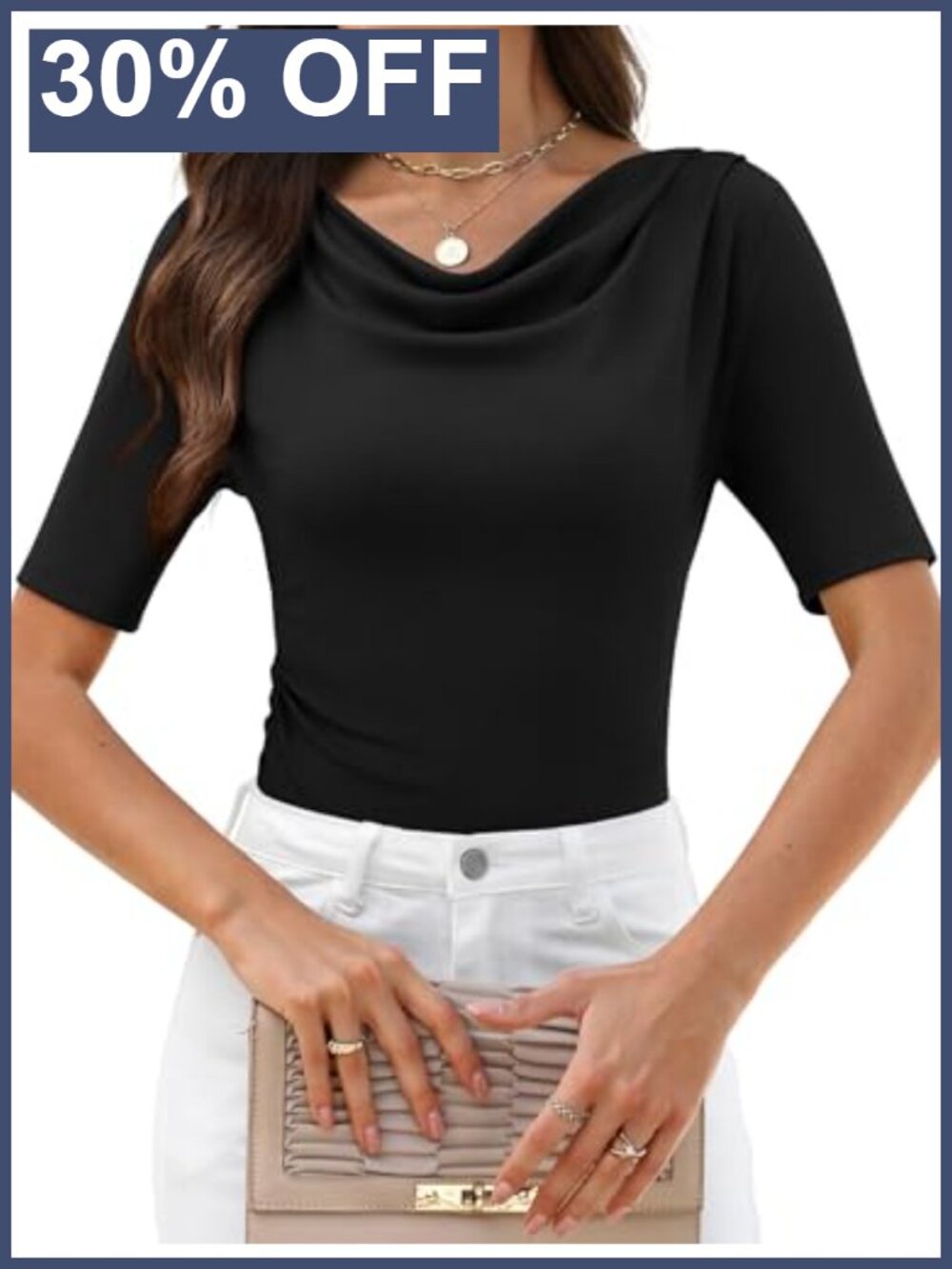 Cowl Neck Elbow Sleeve Fitted Blouse Business Casual Top for Women